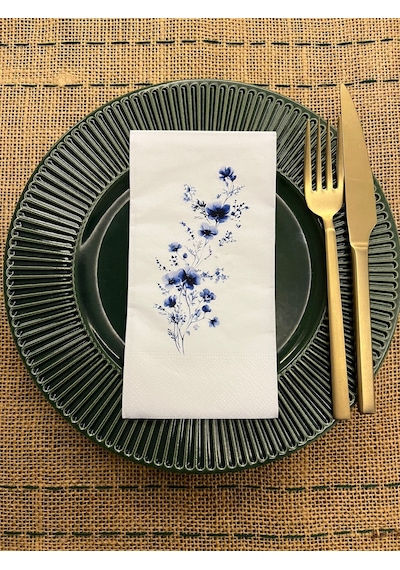 Mavi Çiçekler Blue Flowers Baskılı Sunum Peçetesi Beyaz 16 Adet