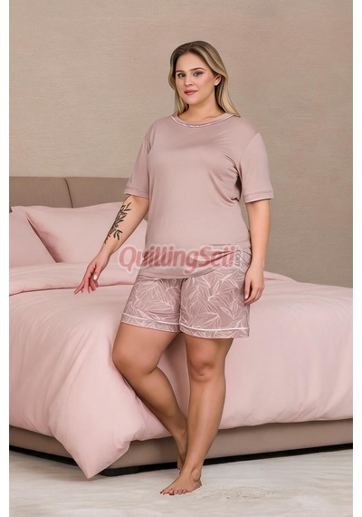 Lady Pudra Renk Çiçek Desenli 10446 Şortlu Büyük Beden Anne Pijama Takımı - 4xl
