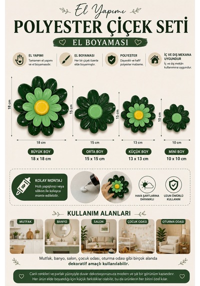 Duvar Dekorasyon Dekor Çiçek 4 Lü Set Yeşil Açık Koyu