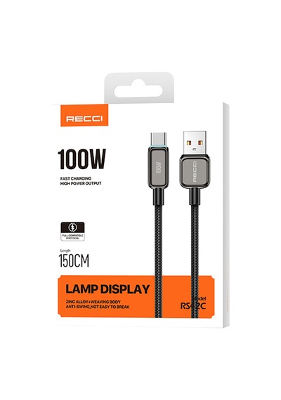 Recci Rs42c Lamp Display Serisi Type-c Usb 100w Hızlı Şarj Özellikli Data Ve Şarj Kablosu 1.5m Siyah