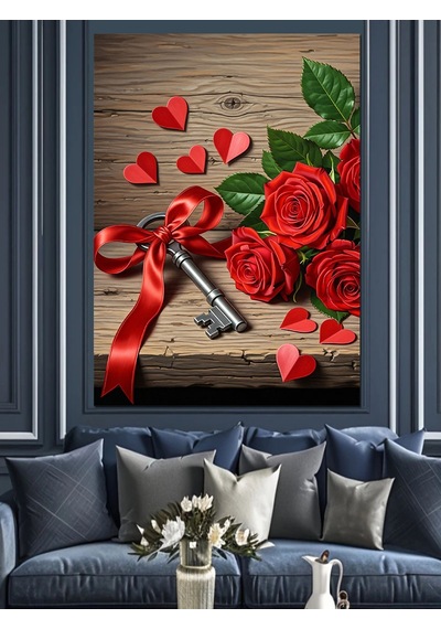 Kırmızı Güller Romantik Anahtar Dekoratif Kanvas - Mdf Ahşap Tablo