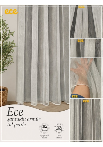 Ece Düz Şantuklu Lüx Tül Perde / Ölçünüze Özel Dikim Kırık Beyaz