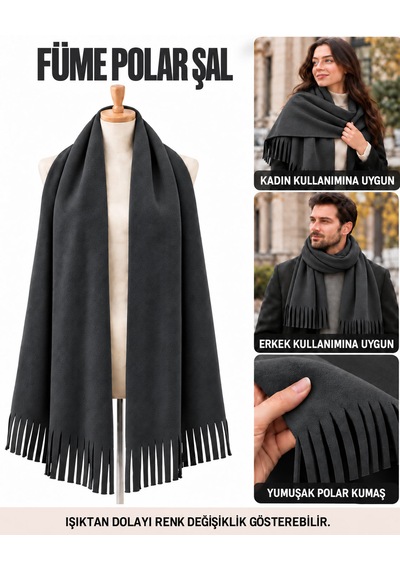 Bigohobi Unisex Polar Şal, Kadın Ve Erkek Kışlık Püsküllü Yumuşak Polar Kumaş Şal Füme