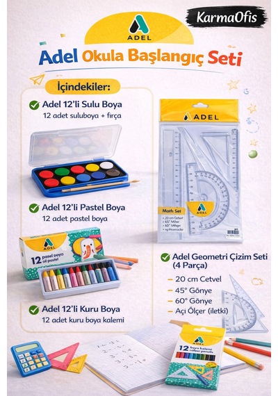 Okula Başlangıç Seti 12 Li Sulu Boya, Kuru Boya, Pastel Boya Ve Geometri Çizim Seti
