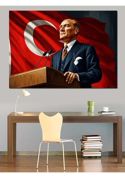 Ahşap Tablo Türk Bayrağı Önünde Atatürk Portresi İstanbul Tabloları