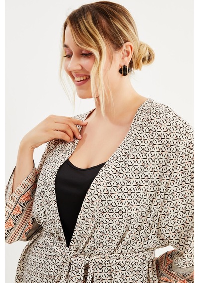 Myline Desenli Kemer Detaylı Kimono - Krem