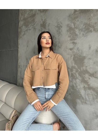 Defymoda Çift Renkli Kısa Gömlek Vizonbeyaz S4021 Vizon