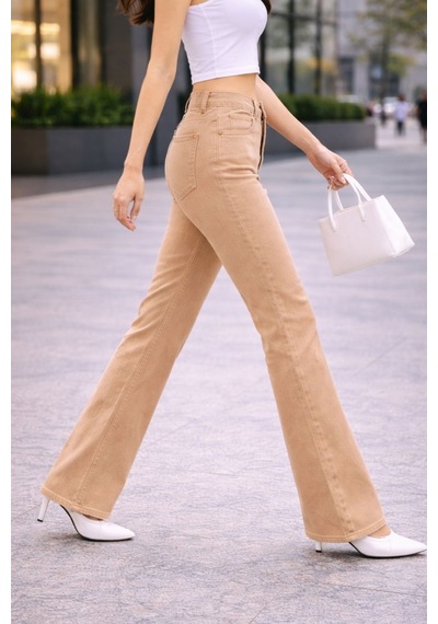 Cedy Denım Yüksek Kalite Kadın 5 Cep Düşük Bel İspanyol Paça Skinnyfit Esnek Jean Pantolon C619 Camel