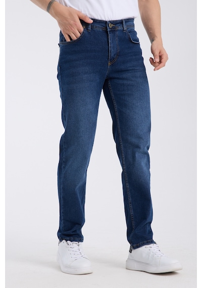 Erkek Pantolon Mavi Regular Fit Fermuarlı Jeans Mavi