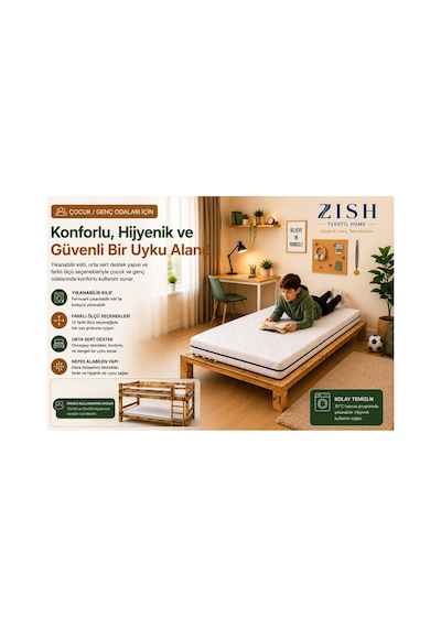 Zishtekstil Çift Kişilik Ecosmart Yıkanabilir Kılıflı Sünger Yatak & Yer Yatağı