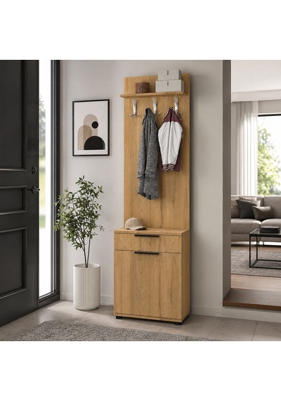 Porto Tek Kapılı Çekmeceli Portmanto Ve Ayakkabı Dolabı Florida Meşe 52x187x36 Cm