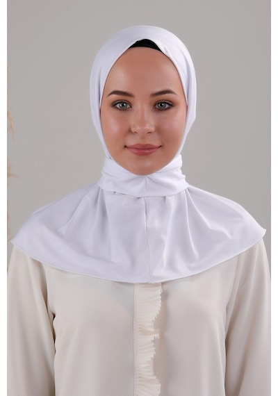 Melodi Scarf Kadın Tesettür Pratik Çıtçıtlı Sandy Fular Deniz Havuz Uyumlu Hazır Bone Beyaz Beyaz