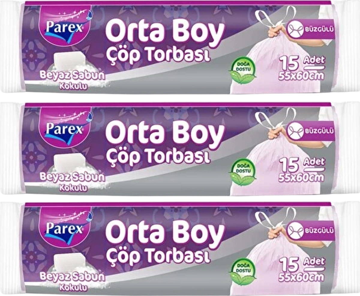 Büzgülü 15'li Çöp Torbası Beyaz Sabun Kokulu Orta Boy 55 X 60 Cm Üçlü Paket
