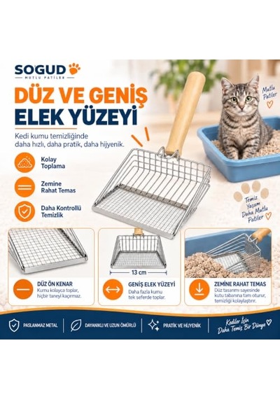 Sogud Metal Kedi Kumu Elek Kürek - Ahşap Saplı Paslanmaz Kedi Kumu Küreği - İnce Tel Elek Yapılı Hijyenik Kedi Tuvalet Temizleme Küreği - Dayanıklı Ve Pratik - 26 Cm