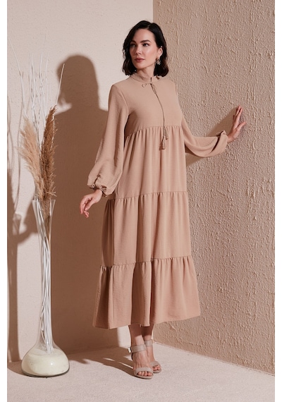 Lela Modest Regular Fit Dik Yaka Uzun Bayan Elbise 611El545 Camel