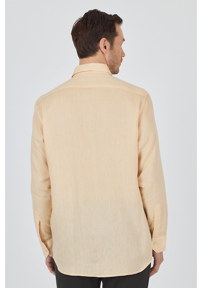 İmza Uzun Kol Düz Keten Düğmeli Yaka Cepsiz Casual Comfort Fit Gömlek 1004250114 Altın