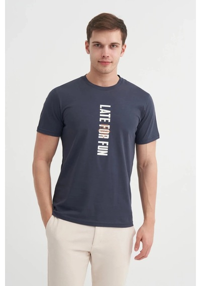 Cazador Slim Fit Bisiklet Yaka Pamuklu Baskılı Tişört Antrasit