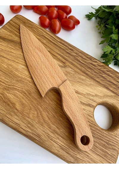 Ahşap Güvenli Çocuk Kesme Tahtası Ve Tekli Bıçak Seti Ahşap