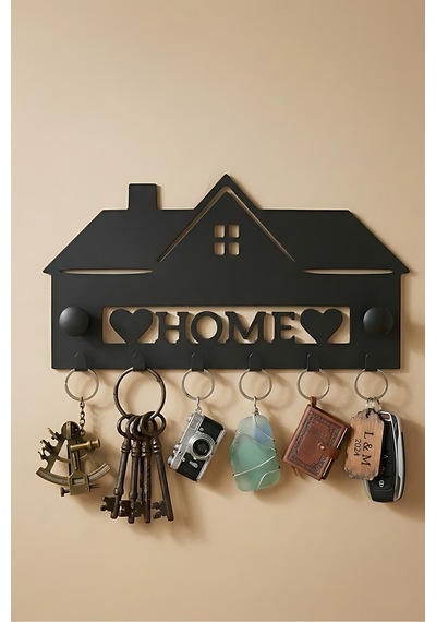 Ev Temalı Metal Anahtar Askısı - Home Yazılı 6 Kancalı Duvar Askısı Siyah