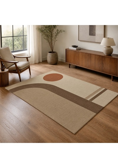 Kartela Halı Japandi Kemer Desenli Halı Bej Kaymaz Taban Makinede Yıkanabilir 180x270 Cm