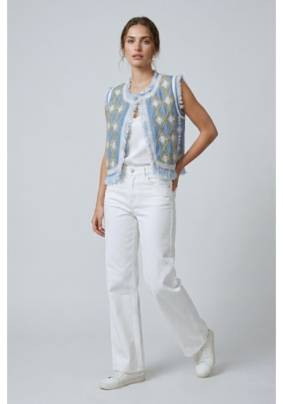 Saade Sââde Kadın Bisiklet Yaka Zincir Nakışlı & Saçaklı Denim Crop Yelek Mavi
