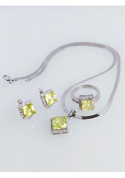 925 Ayar Gümüş Zebercet Peridot Doğal Taşlı Baget Tasarım Kadın Mücevher Set Kolye Küpe Yüzük S.255