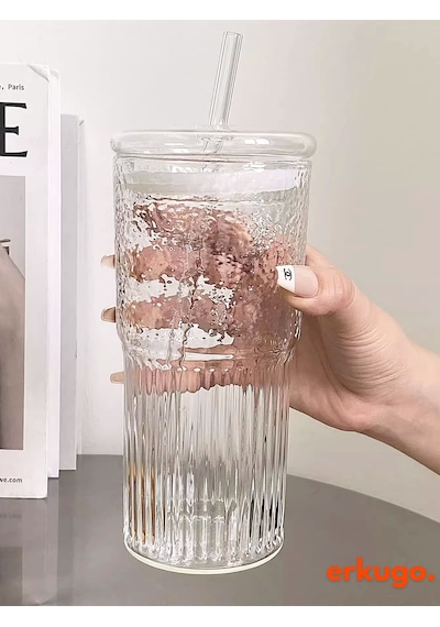 Borosilikat Sunum Bardağı Kapaklı Pipetli Bardak Kahve Bardağı Isı Dayanıklı 600 ML Macchiato