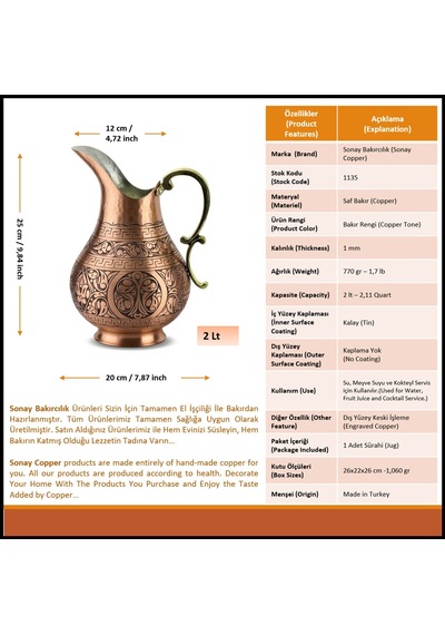 Keski İşlemeli Eskitme Bakır Sürahi