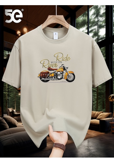 Unisex Ride River Baskılı Tasarım Tshirt Bej