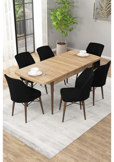 Arel Meşe 80x132 Açılabilir Mdf Masa Yemek Odası Takımı, Mutfak Takımı 6 Adet Sandalye Meşe Masa - 6 Siyah - Meşe Ayak Arel Meşe 80x132 Açılabilir Mdf Masa Yemek Odası Takımı, Mutfak Takımı 6 Adet Sandalye Meşe Masa - 6 Siyah - Meşe Ayak