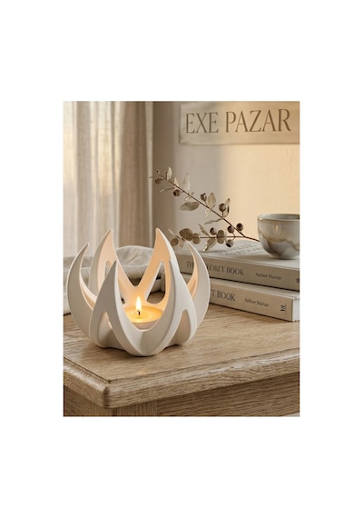 Exe Pazar Alev Temalı Tealight Mumluk 11 X 8,5 Cm - Modern Ev Dekorasyon Hediyelik Ve Konsept Beyaz