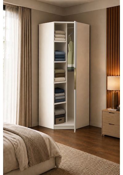 Gama Gardırop Köşe Modül Askılı Raflı Tasarım Kulplu 253 Cm Gardırop Elbise Dolabı Beyaz