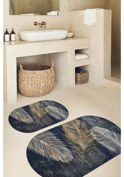 Buççin Online Mağaza Dijital Baskılı Kaymaz Taban Yıkanabilir Oval Banyo Paspası 2'li Klozet Takımı Polyester Çok Renkli