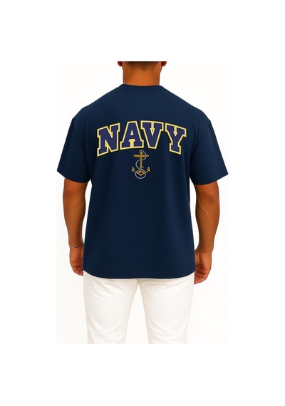 Bahriyeli Collection Oversize Blue Navy Anchor Göğüs Ve Sırt Baskılı Unisex T-shirt Lacivert