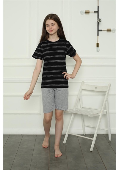 Akbeniz Kız Çocuk Penye Şortlu Pijama Takım 20405 SIYAH