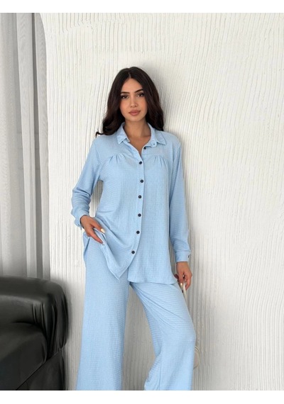 Freedom Store Yakalı Düğmeli Uzun Kollu Gömlek Pantolon İkili Takım - Bebek Mavisi Mavi