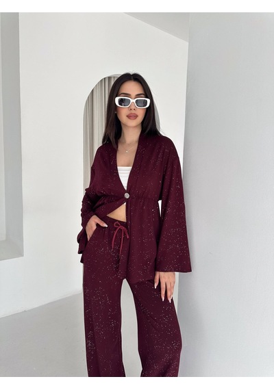 Kadın Simli Uzun Kol Modal Kumaş Kimono Pantolon İkili Takım Şık Ve Rahat Kadın Takım Bordo Kadın Simli Uzun Kol Modal Kumaş Kimono Pantolon İkili Takım Şık Ve Rahat Kadın Takım Bordo