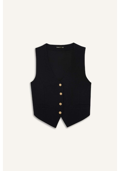 DeFacto Crop V Yaka Keten Karışımlı Blazer Siyah Yelek C7798AX25SMBK81