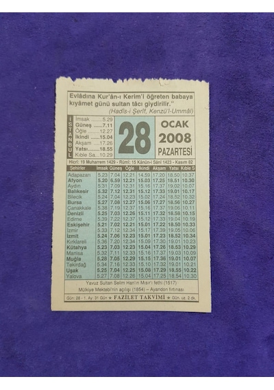 28 Ocak 2008 Takvim Yaprağı - Nostaljik Koleksiyonluk Takvim Yaprağı