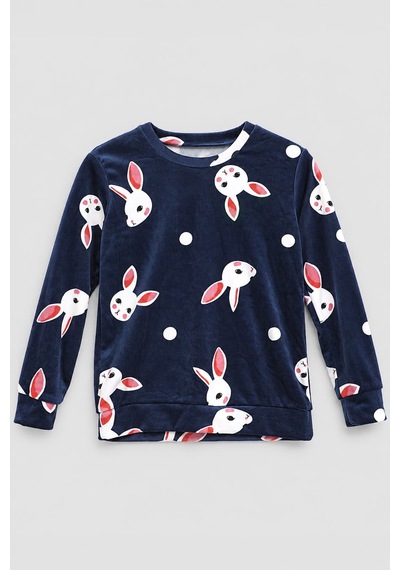 Markapia Kız Çocuk Tavşan Desenli Yumuşak Kadife Dokulu Pijama Takımı Lacivert