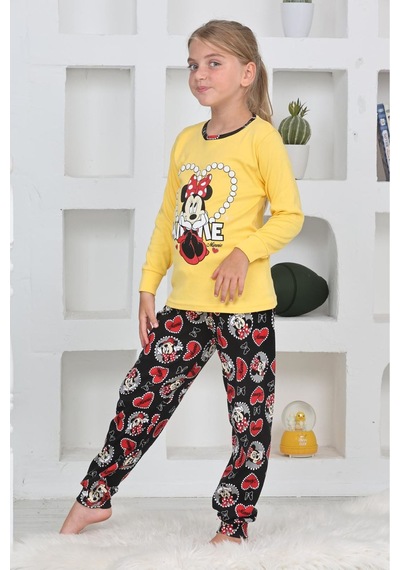 Miniğimin Cicileri Mnn Ms Kalpli Kız Çocuk Pijama Takımı - Sarı Sarı