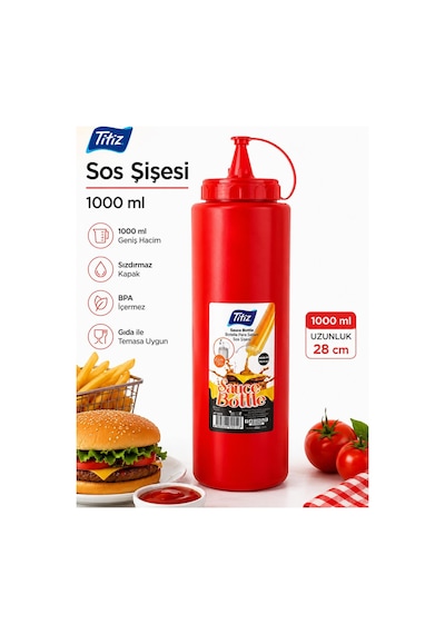 Titiz 3 Lü 1000 Ml Sos Şişesi Seti Sızdırmaz Kapaklı Sarı Kırmızı Şeffaf