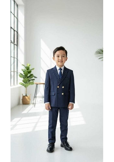 Bys Beystil Sivri Yaka Lacivert Çizgili Çocuk Kruvaze Elbise - Slim Fit