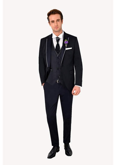 Ysf Erkek Lacivert Yelekli Mono Yaka Slim Fit Damatlık