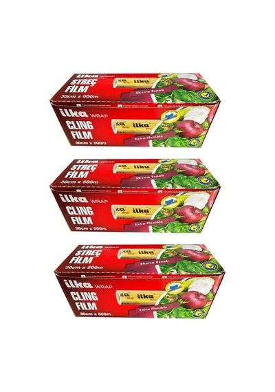 İlka Şeffaf Mutfak Rulo Streç Film Folyo - 30 Cm. X 500 Metre - Gıdaya Uygun - 3 Paket