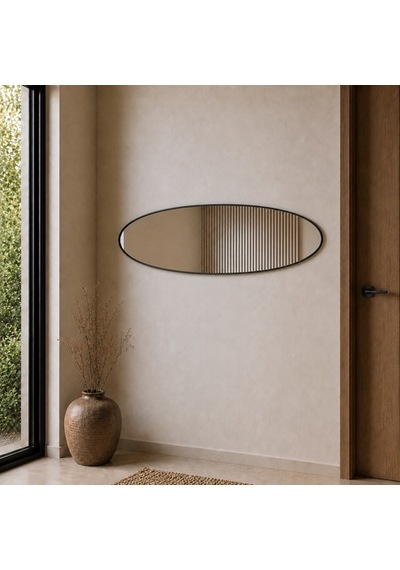 Modern Oval Boy Aynası 40x120 Cm İnce Çerçeveli Minimalist Dekoratif Duvar Aynası Siyah