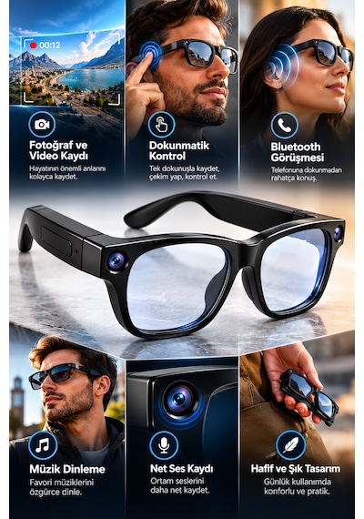 Kameralı Akıllı Gözlük Bluetooth Wifi Bağlantılı Fotoğraf Video Ve Ses Kayıtlı Yapay Zeka Destekli Cy03