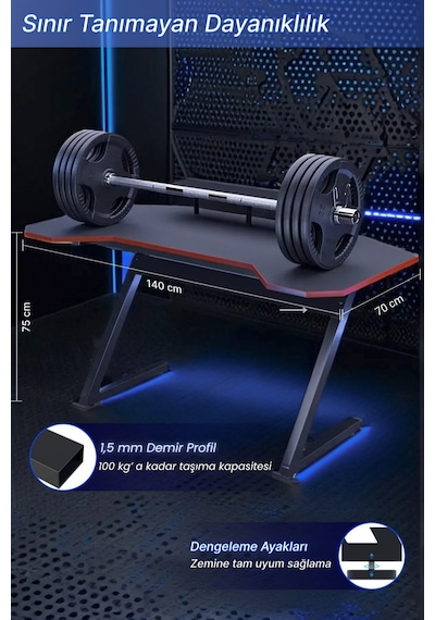 Profesyonel Rgb Ledli Oyuncu Masası 140 75 70 Cm Bilgisayar Masası Gamer Çalışma Masası Antrasit