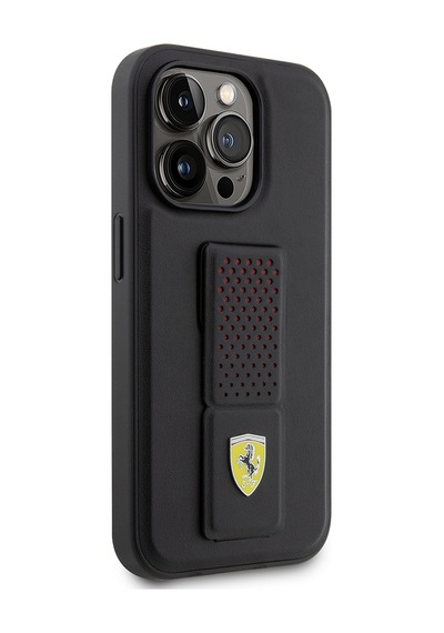 Apple Uyumlu iPhone 14 Pro Kılıf Ferrari Lisanlı Klasik Metal Logolu Delikli Standlı Deri Kapak Siyah