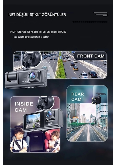 Siyah 1080p Araç İçi 3 Kameralı Lcd Ekranlı Gece Görüşlü , G-sensör , Geri Görüş Kamera
